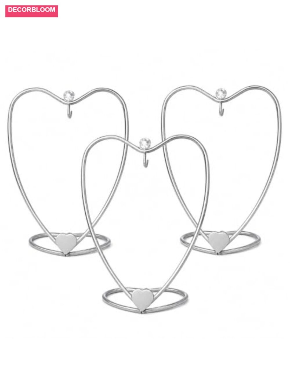 Set of 3 Heart Ornament Display Stands Silver Metal Tabletop 4 Inch